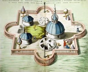 Vista geral do observatório de Uraniborg, construído c. 1584 por Tycho Brahe (1546-1601) na ilha de Hven, Dinamarca, de «Le Theatre du Monde» ou «Nouvel Atlas», publicado em Amesterdão, 1645